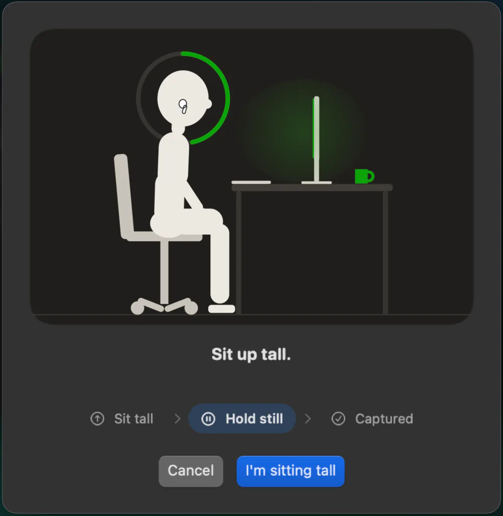The calibration window: a figure sits tall at a desk while Spine Nudge holds still to capture the upright baseline.