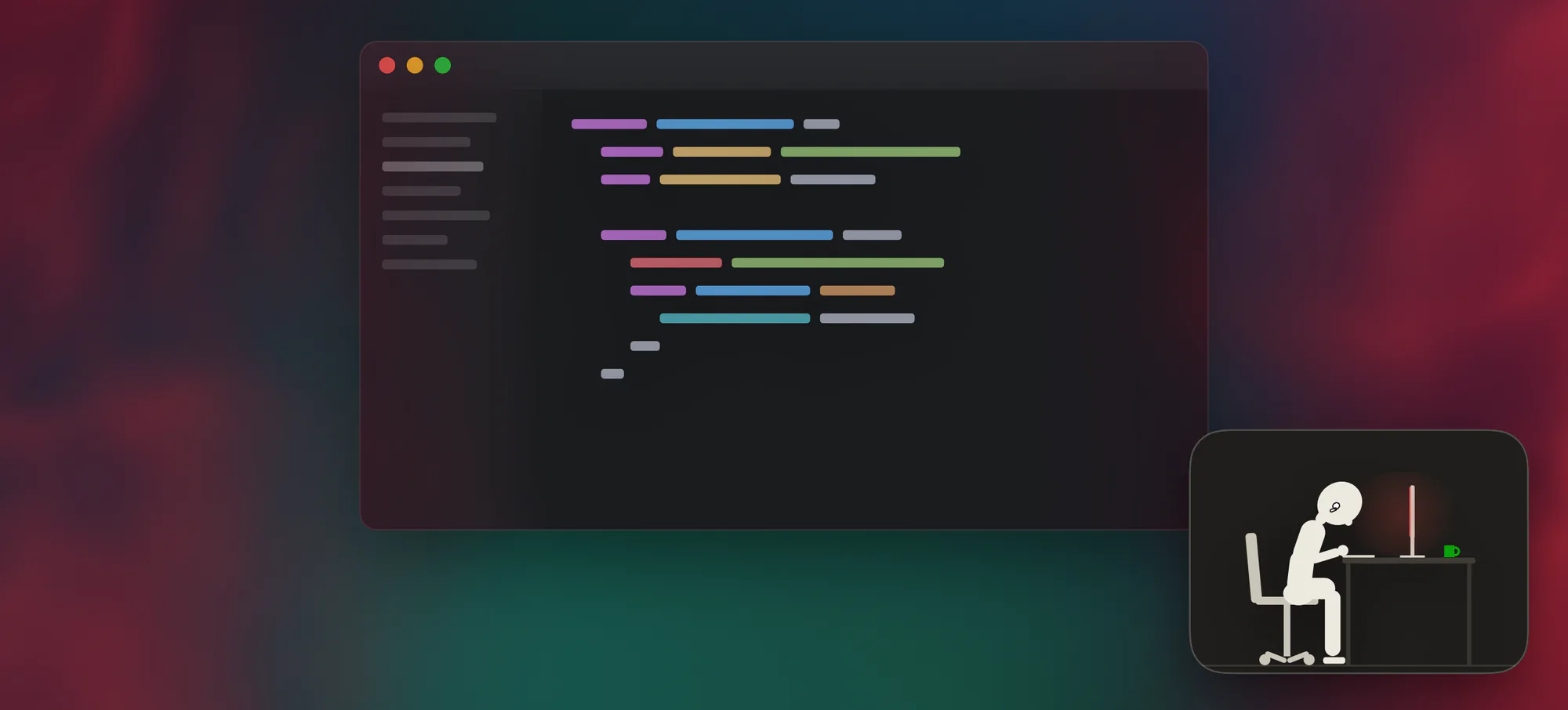 A Mac desktop with a code editor, its edges washed in a red glow while the user slouches.