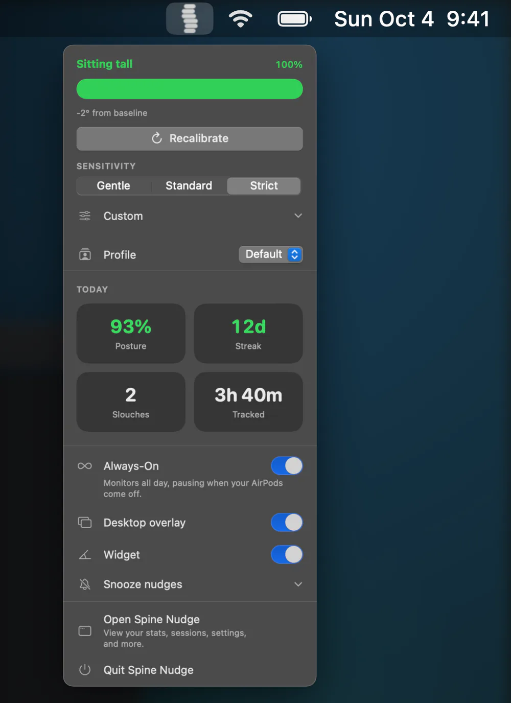 The Spine Nudge menu bar panel: Sitting tall at 100 percent, sensitivity presets, today’s 93 percent posture, a 12-day streak, 2 slouches, and 3 hours 40 minutes tracked.