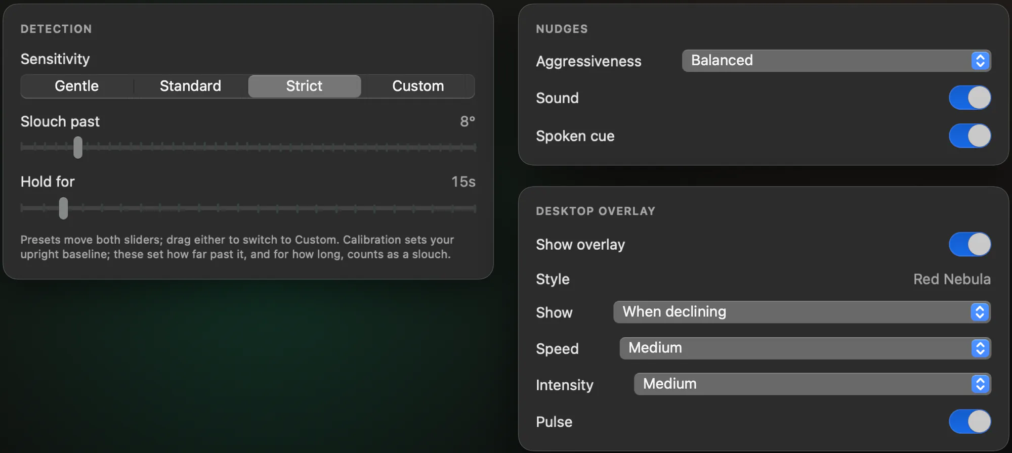 Spine Nudge settings: detection sensitivity with slouch angle and hold time sliders, nudge aggressiveness, sound and spoken cue switches, and desktop overlay options.